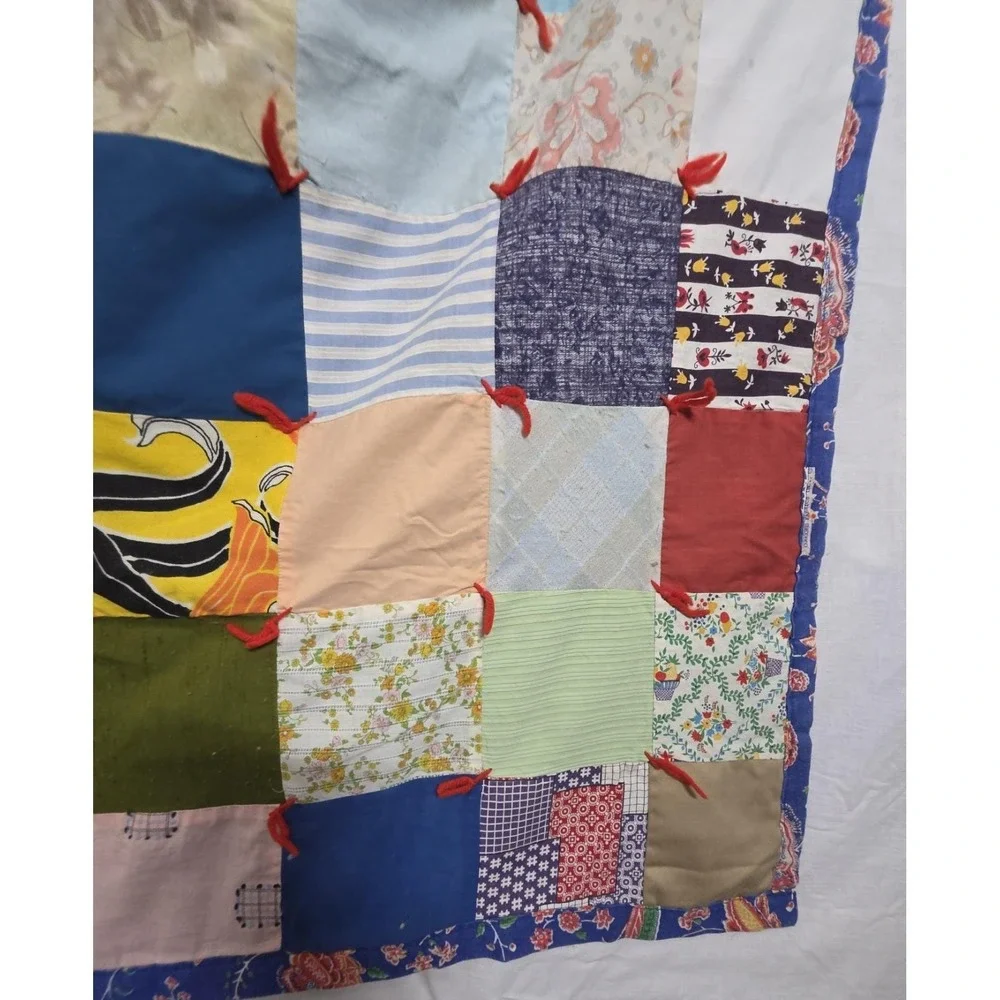 Vintage Handmade Patchwork Tied Quilt 47x40 Cotton Poly Scrap Fabric Folk Art